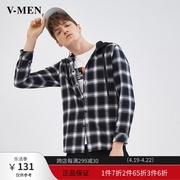 vmen威曼法兰绒格子衬衫，男潮流磨毛连帽长袖，衬衣外套830915111