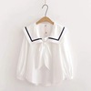日系森女系 秋装 设计感法式短款上衣海军风长袖翻领白色衬衫