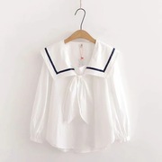 日系森女系秋装，设计感法式短款上衣海军风长袖翻领白色衬衫