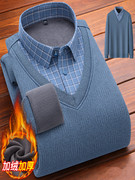 男士保暖衬衫假两件加绒加厚毛衣套头针织衫，商务休闲免烫长袖衬衣