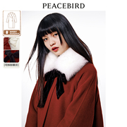 太平鸟毛领斗篷双面呢大衣冬红色短款羊毛，外套小个子韩系大衣