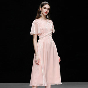 夏季女装2024气质法式杏，粉色收腰显瘦缎面，纱裙连衣裙长裙