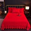 秋冬保暖软床单加厚夹棉绗缝床盖三件套结婚喜庆大红色单件床罩单