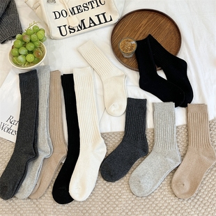 秋冬羊毛袜中筒长筒纯色袜子女日式简约miu系竖条纹堆堆袜小腿袜