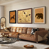 法式中古风客厅装饰画大象艺术沙发背景墙挂画高级感中式三联壁画