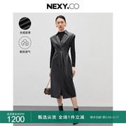 NEXY.CO/奈蔻冬季时尚气质小众皮裙女假两件拼接设计感连衣裙