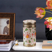 新中式越南进口手绘陶瓷铜边茶叶罐手工工艺品古典复古储物罐收藏