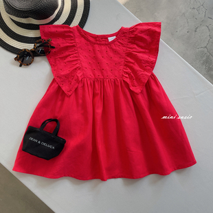 1-8澳女童西瓜红刺绣镂空单层连衣裙