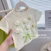 2023女童装短袖夏季女宝宝纯棉立体花朵T恤儿童洋气夏装上衣