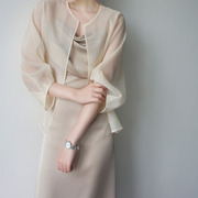 法式复古级感时尚百搭欧根纱，罩衫挺括型纯色开衫防晒衫短外套长袖