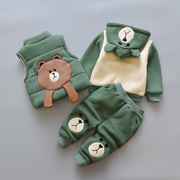 婴儿加厚棉衣三件套宝宝冬装套装，0-4岁男小童，秋冬季加绒卫衣冬款