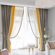 复古丝绒天鹅绒法式浪漫美式灰色拼接黄色蕾丝花边卧室客厅窗帘