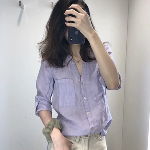 西班牙D 2020夏装清新香芋紫显白口袋饰亚麻V领衬衫女上衣