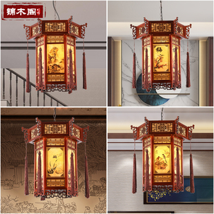 中式吊灯仿古寺庙走廊灯，实木酒楼包间羊皮，灯具中国风宫廷古典灯笼