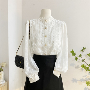 白色蕾丝花边立领长袖衬衫，女秋季设计感气质，内搭打底雪纺小衫上衣