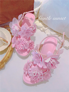 2023夏季草编坡跟一字带凉鞋粉色甜美少女花朵串珠欧洲站女鞋