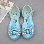 爱莎公主女童韩版高端凉鞋可爱水钻一字带搭扣中空平底表演单鞋