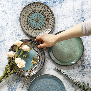 陶瓷盘子平盘创意菜盘日式复古餐具家用寿司盘，圆形水果盘窑变个性