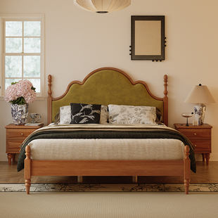 法式复古实木床1.8米双人主，卧大床中古美式轻奢简约设计师软包床