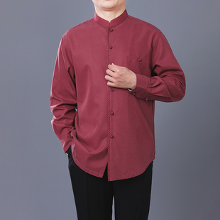 百福龙中青年中国风立领长袖，衬衫秋季高档男士唐装刺绣衬衫
