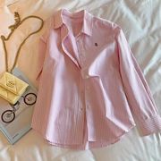 条纹翻领长袖粉色衬衫女早春设计感小众休闲上衣韩系甜美宽松衬衣