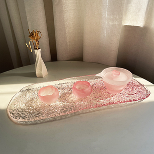 日式水晶玻璃创意复古粉色，女士茶盘加长款加厚寿，司长盘日料托盘