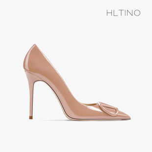 hltino2024裸粉色漆皮尖头高跟鞋，女细跟法式大小，码单鞋子v扣e