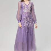 2024春夏9分袖网纱，浅紫色复古刺绣，花朵钉珠高质量长裙连衣裙
