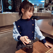 女童秋装2023超洋气儿童韩版网红假两件时髦上衣小女孩针织衫