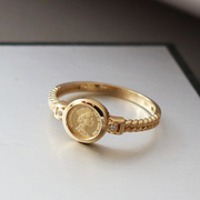 日韩流行韩国纯14k金黄金戒指，圆形女王硬币，人像k纯金关节戒指环