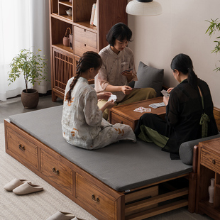 新中式禅意罗汉床全实木推拉小户型老榆木家具伸缩罗汉床榻储物