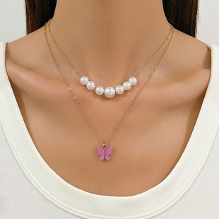 elegant double layer butterfly pearl necklace woman jewelry