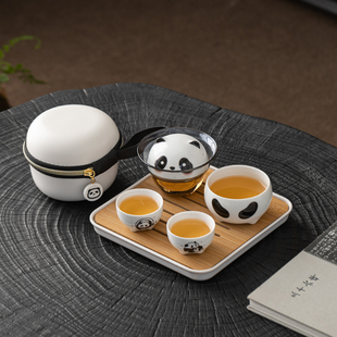 国潮风熊猫便携式旅行茶具套装快客杯女一壶二杯干泡茶盘定制