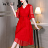 红色连衣裙女夏季2024显瘦气质雪纺薄纱裙子，夏天高级感中长款