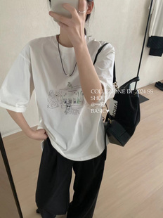 一宛 风格养成韩国小众潮牌美式法式短袖T恤女装设计感上衣棉