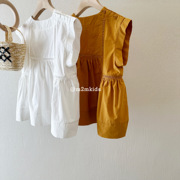 韩系2024夏季女童橙色白色简约INS儿童无袖薄款 镂空衬衫
