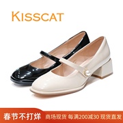 KISSCAT接吻猫2023粗跟32539亮漆牛皮玛丽珍女单鞋KA42539-10