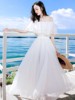 2023女夏白色(夏白色)超仙的连衣裙，温柔风长裙子高腰显瘦一字肩沙滩裙