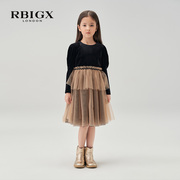 RBIGX瑞比克童装冬季羊腿袖设计撞色网纱拼接女童丝绒连衣裙