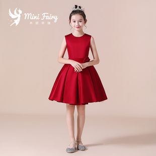 2023女童钢琴演出服红色公主裙高端缎布礼服学校主持人小礼服