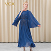 voa重磅真丝30姆米藏蓝麻花，圆领荷叶袖拱针立体装饰大摆型连衣裙