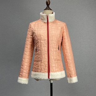 粉红色立领棉衣女，2024欧美风春秋修身显瘦拼色刺绣拉链棉服外套