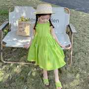 森系女童连衣裙夏款2024吊带裙儿童女孩绿色花朵裙子夏季洋气