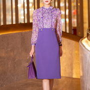 紫色蕾丝连衣裙，女春秋2024年时尚气质端庄拼接修身长袖包臀裙