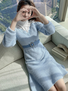蕾丝连衣裙女秋冬季2022年浅蓝色拼接小个子，显瘦气质毛衣裙子