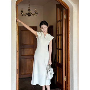 2023夏季气质优雅白色修身法式翻领长款摆裙通勤收腰纯色连衣裙女