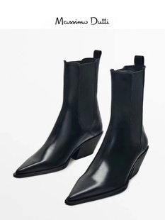 Massimo Duti女鞋2024秋季黑色尖头真皮高跟踝靴切尔西短靴