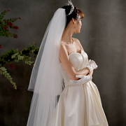 新娘结婚主婚纱头纱超仙森系白色香槟色简约素纱齐地长款头纱头饰