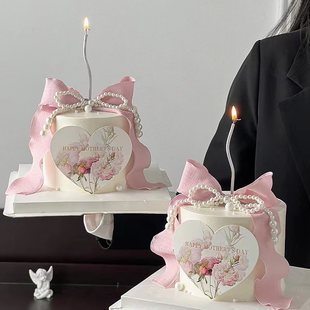 母亲节唯美蛋糕装饰爱心卡片节日快乐插件珍珠蝴蝶结丝带装扮配件