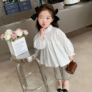 女童春装套装2024儿童白立领衬衫女宝宝春季韩版微喇裤两件套